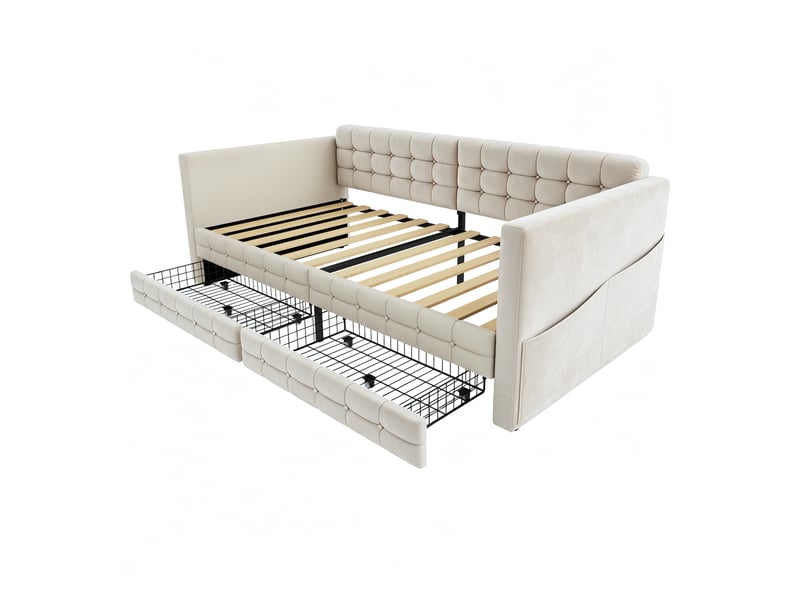  Lit banquette 90 × 190 cm, velours capitonné, 2 tiroirs, poches latérales, sommier à lattes, beige, avec rangements  - Conforama E