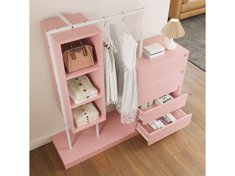  Armoire rose à tiroirs - penderie avec buffet et tringle à vêtements, l140 x p40 x h135 cm  - Conforama E
