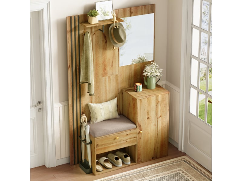  Penderie d'entrée compacte avec miroir, coussin à bordure noire, porte-parapluies et rangement chaussures – 115×185×37 cm  - Conforama E