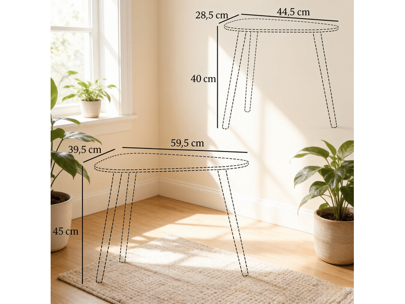  Lot de 2 tables basses gigognes scandinaves avec plateaux triangulaires arrondis, blanc et bois  - Conforama D
