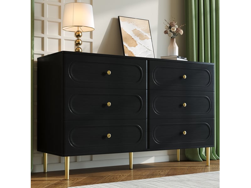  Commode 120x40x75 cm, 6 tiroirs avec façades ovales, buffet avec pieds en métal,en mdf, noir, armoire de rangement  - Conforama E