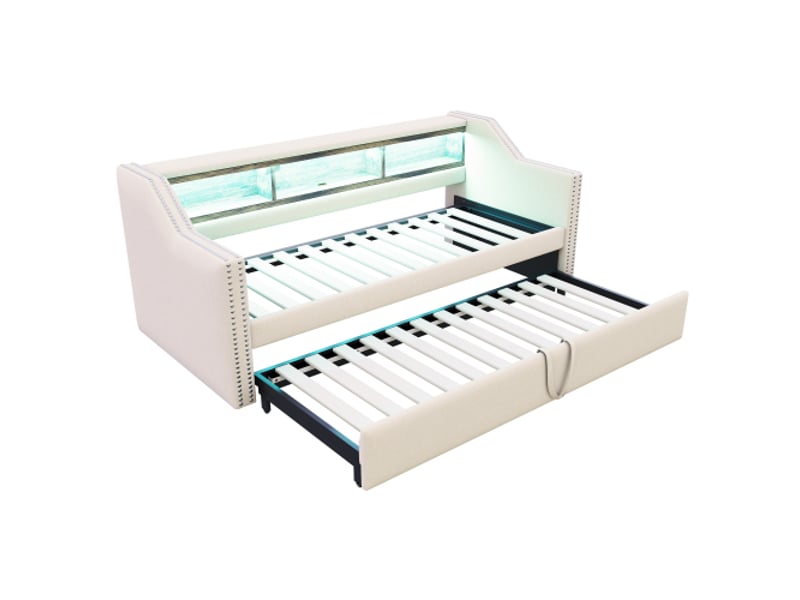  Lit capitonné, canapé-lit extensible 90180 x 190 cm, compartiment de rangement multifonctionnel, éclairage led et prise usb, sommier à lattes, beige  - Conforama C