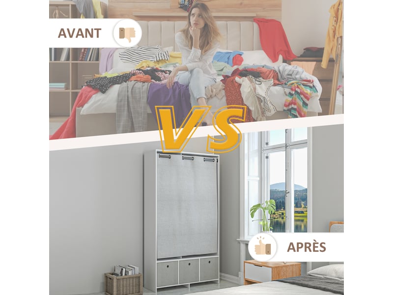  Armoire penderie armoire de rangement avec tringle rideaux 3 tiroirs en tissu amovibles blanc 105 x 48 x 160 cm  - Conforama R