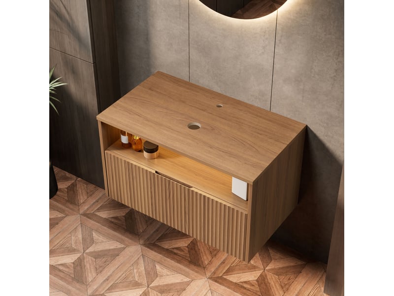  Meuble de salle de bains mural mina 80 cm avec tiroir, marron chêne, sans vasque ni robinetterie  - Conforama C