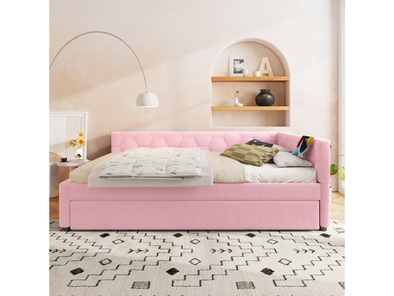  Banquette-lit 140x200 cm - couchage, tiroir de rangement, ports usb, éclairage, tissu rose confortable  - Conforama B