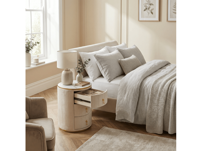  Table de chevet tcqpz ronde 40 x 40 x 52,5 cm 3 tiroirs velours blanc et détails dorés  - Conforama E