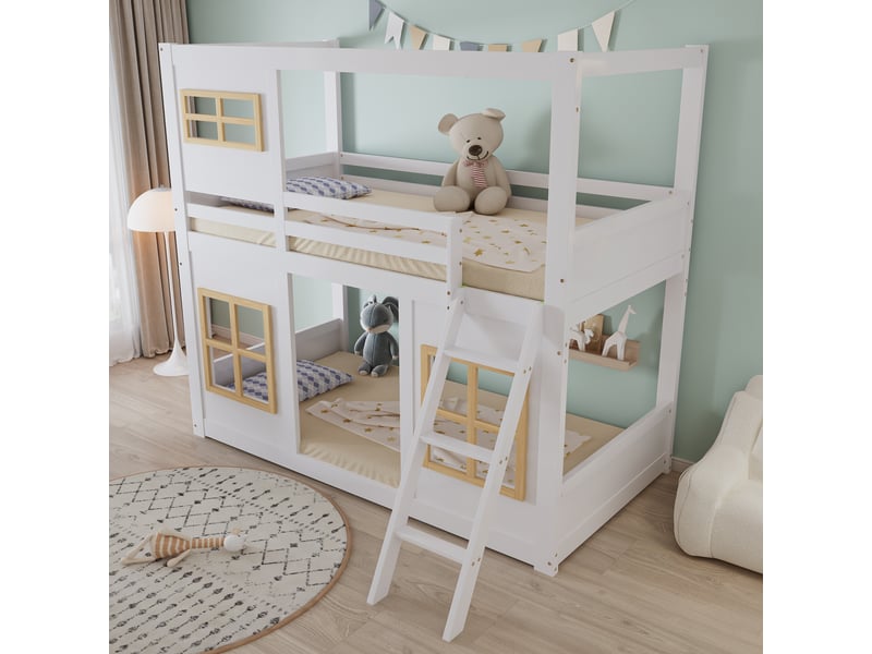  Lit superposé enfant 90 x 200 cm avec fenêtres décoratives, échelle stable, barrières de sécurité, pin, mdf, blanc et naturel  - Conforama B