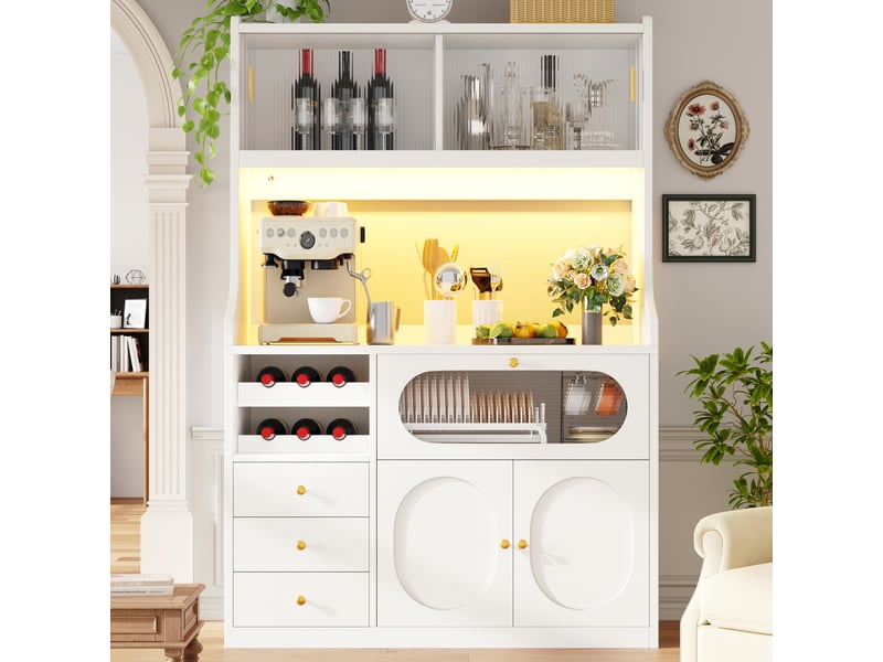  Buffet cuisine 4 portes et 3 tiroirs, 120 x 40 x 180 cm, éclairage led, portes coulissantes et range-bouteilles, mdf, blanc Morn Vibe - Conforama B