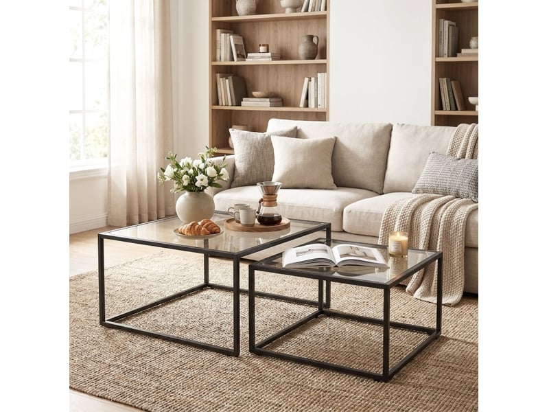  Tables basses gigognes avec 2 plateaux ronds en verre trempé et structure en métal, style moderne, noir  - Conforama C