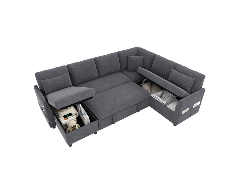  Canapé d'angle convertible 6 places avec rangements, ports usb et usb-c, poches latérales, en tissu effet lin gris  - Conforama A