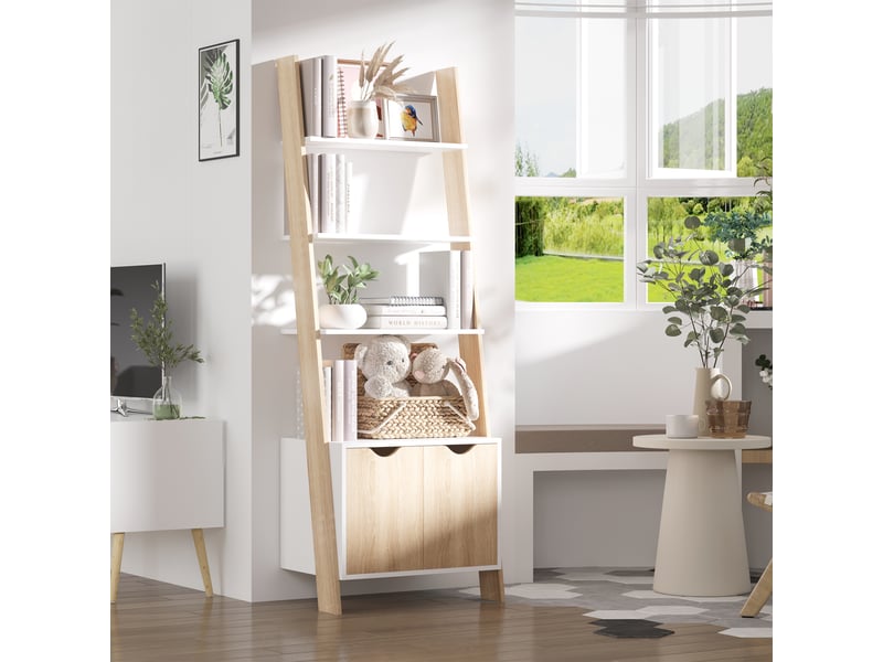  Bibliothèque échelle à 3 étagères et placard, style nordique, en bois, 60 x 40 x 171 cm, chêne et blanc  - Conforama C