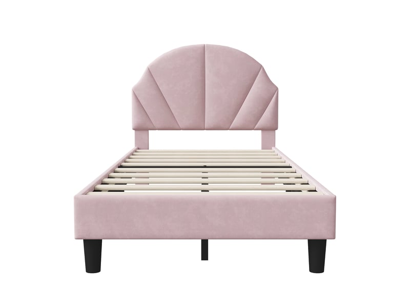  Lit simple 90x200 cm, lit enfant avec tête de lit coquillage réglable, lit capitonné en velours avec sommier, rose  - Conforama A