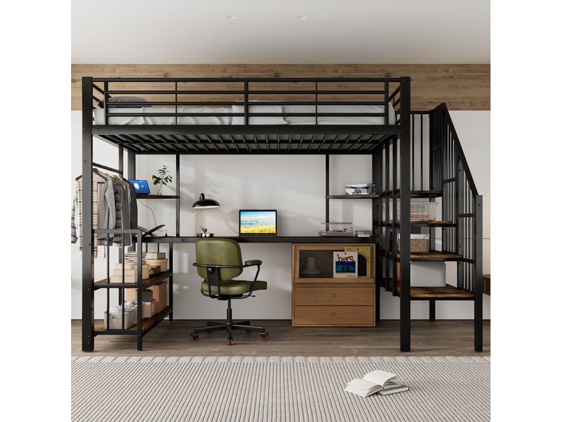 Lit mezzanine 120x200 cm avec escalier, port de charge, noir et bois foncé - Conforama B