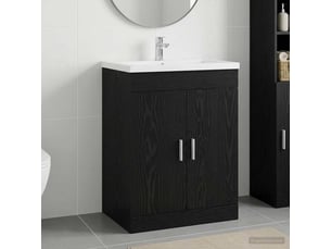 Meuble sous lavabo de salle de bain, commode chêne noir shl78