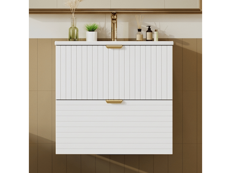  Meuble salle de bain suspendu meuble vasque blanc 61 cm mdf laqué avec 2 tiroirs silencieux  - Conforama D