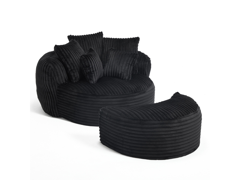  Fauteuil rond avec pouf - 168x123x63 cm - canapé lit lounge velours côtelé avec 5 coussins sans structure rigide - noir  - Conforama A