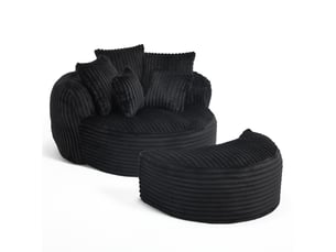 Fauteuil rond avec pouf - 168x123x63 cm - canapé lit lounge velours côtelé avec 5 coussins sans structure rigide - noir