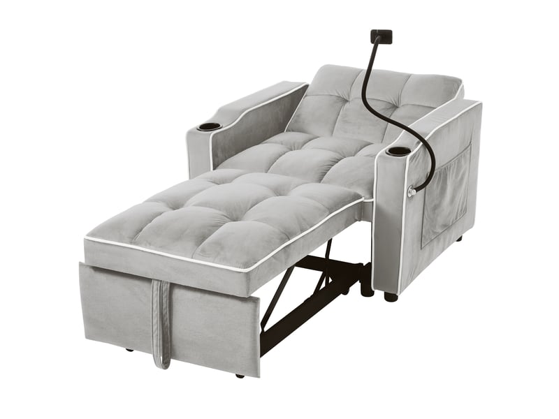  Fauteuil convertible 1 place, canapé-lit 3 en 1 en velours gris, dossier inclinable avec porte-gobelets et support téléphone, 83x167x76cm.  - Conforama A