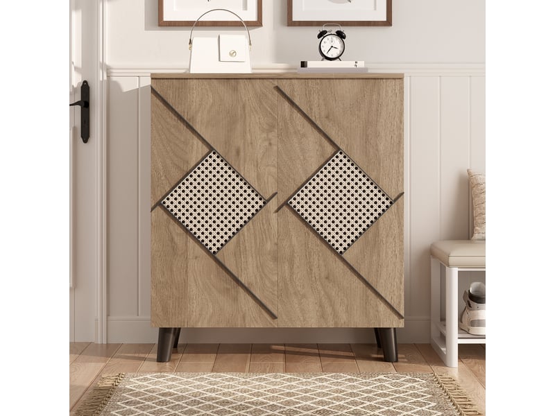  Meuble à chaussures compact 80x32x91 cm, idéal pour petits espaces, armoire de couloir avec portes battantes et compartiments de rangement multiples, finition bois naturel  - Conforama W