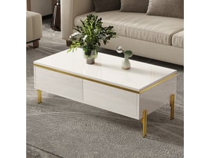 Table basse avec rangement double face - pieds métalliques dorés, panneaux brillants blanc 100 × 50 × 36 cm