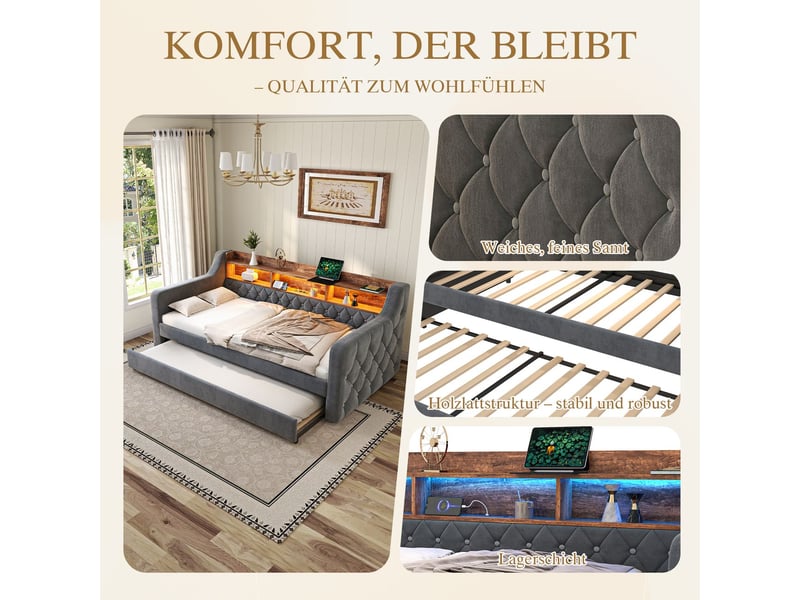  Canapé gigogne 90x190, couchage d'appoint lit gigogne adulte, rangement intégré, velours gris, sommier inclus, ports usb  - Conforama E
