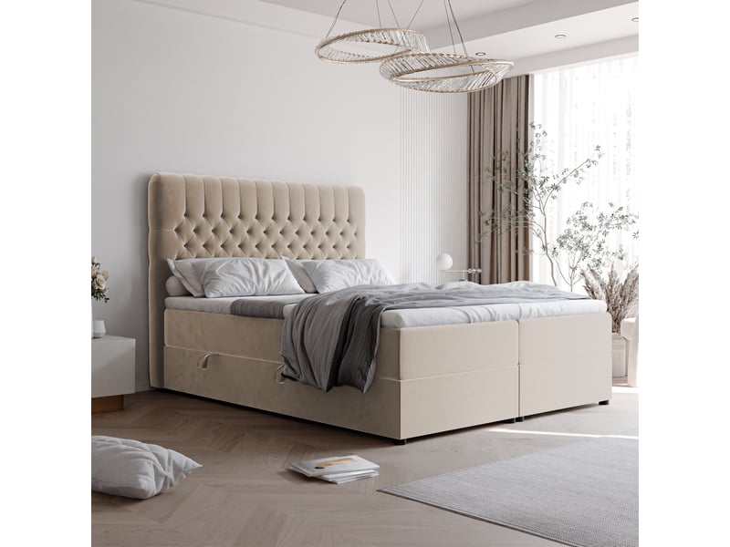 Lit adulte alba - 180x200 cm - matelas ressorts + surmatelas - coffre de rangement - velours dense hydrofuge beige clair ALBA - Conforama B