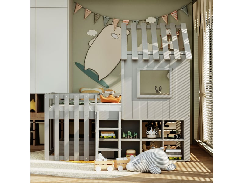  Lit mezzanine enfant cabane 90 x 200 cm gris avec toit, fenêtre et rangement ouvert  - Conforama C