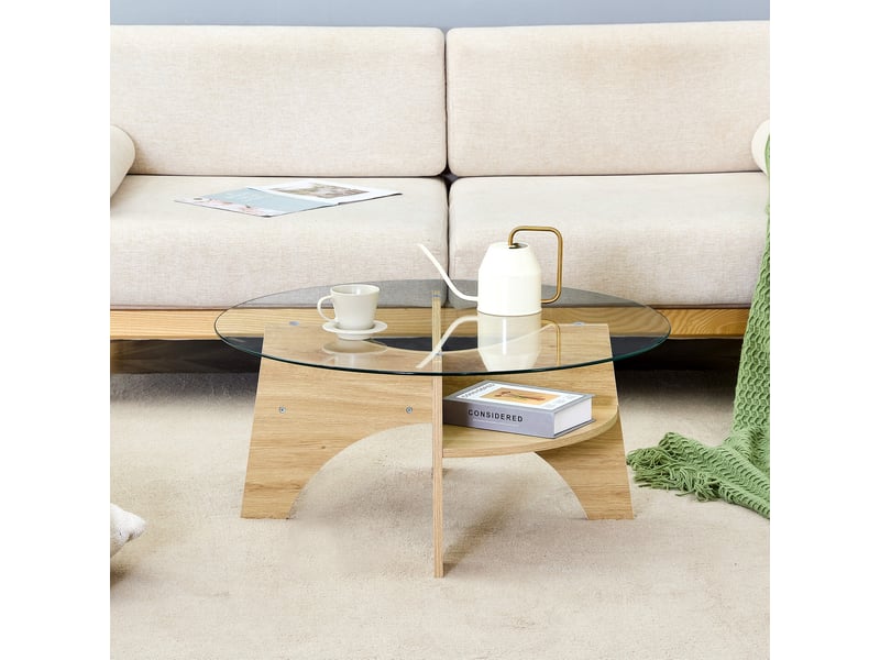  Table basse ronde 80x80x36 cm, meuble salon, design simple, plateau en verre, mdf, pour le salon, transparent et bois  - Conforama B