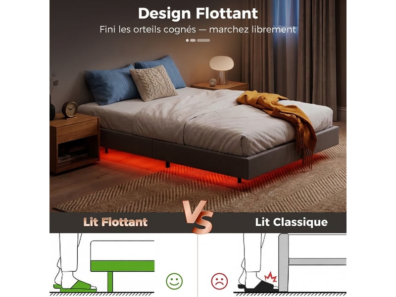 Lit flottant 160x200 avec éclairage led rgb intelligent, cadre de lit double rembourré beige - Conforama R