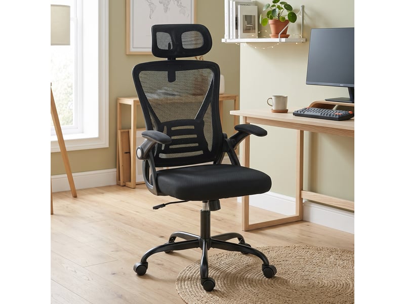  Chaise bureau ergonomique, accoudoirs relevables, appui-tête, fonction basculante, 59x62x125cm, hauteur réglable, noir  - Conforama D