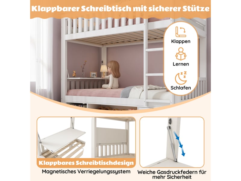 Lit superposé 90 x 200 cm avec plateau de table rabattable, blanc, lit double enfant avec étagère à chaussures intégrée - Conforama E