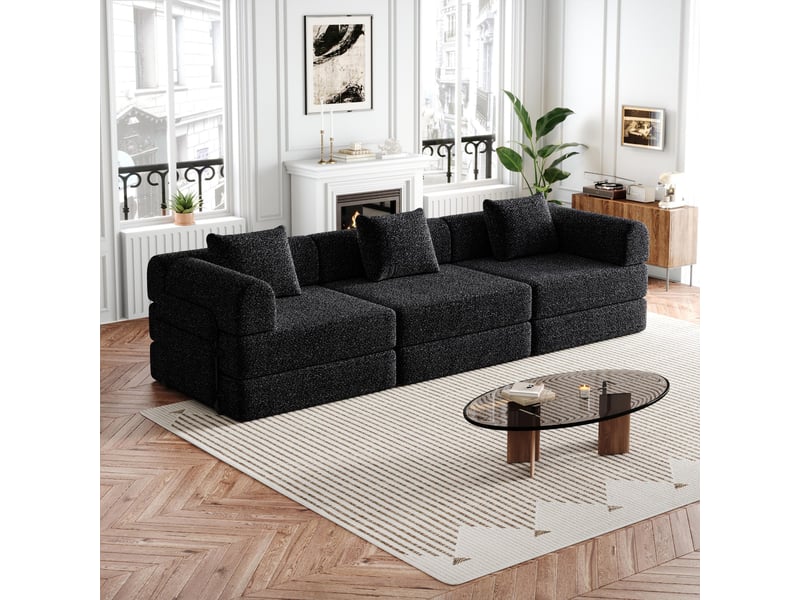  Canapé convertible 3 places - 274x91x70cm - chauffeuse lit chenille, poches rangement, cadre acier - noir  - Conforama C