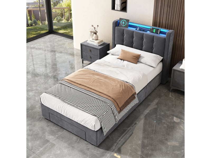 Lit enfant 90 × 190 cm avec coffre hydraulique, tiroirs, LED et USB, sans matelas, en velours - Conforama C