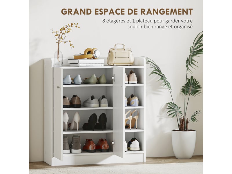  Meuble rangement chaussures entrée pour 12 paires, 4 compartiments ouverts, placard double porte, étagères réglables, 83x30x90 cm, blanc  - Conforama E