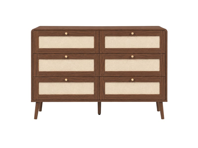  Commode 6 tiroirs 120x40x80 cm – noyer foncé – façades pe aspect rotin et angles arrondis, pieds 15 cm  - Conforama D