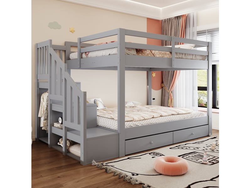  Lit superposé 140x200 cm avec escalier, 2 tiroirs, barrière de sécurité, pour chambre, bois et mdf, gris, sans matelas  - Conforama E