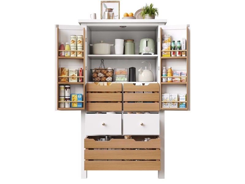  Buffet de cuisine haut 80x40x140cm avec 2 portes et 5 tiroirs, rangement multifonctionnel, design moderne blanc  - Conforama A