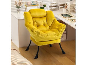 Fauteuil relaxant en velours jaune avec poche latérale et structure métallique