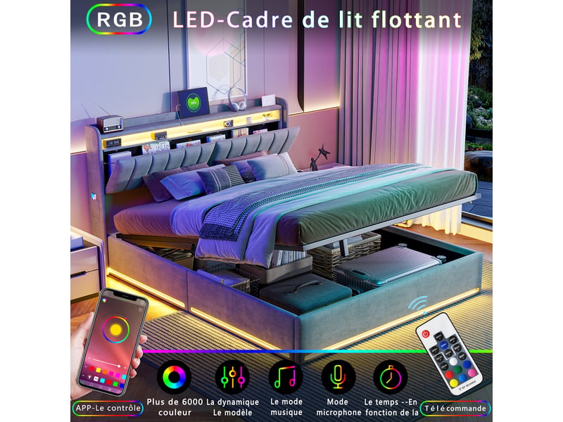  Lit double 160x200 cm avec rangement hydraulique et éclairage led - tête de lit usb, velours gris, sommier à lattes, structure renforcée 300 kg  - Conforama E