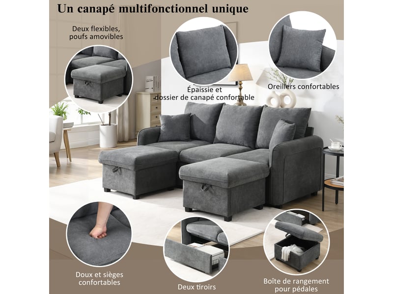 Canapé d'angle modulable 3 places en tissu chenille, 2 poufs à rangement, convertible en l ou en lit - Conforama E