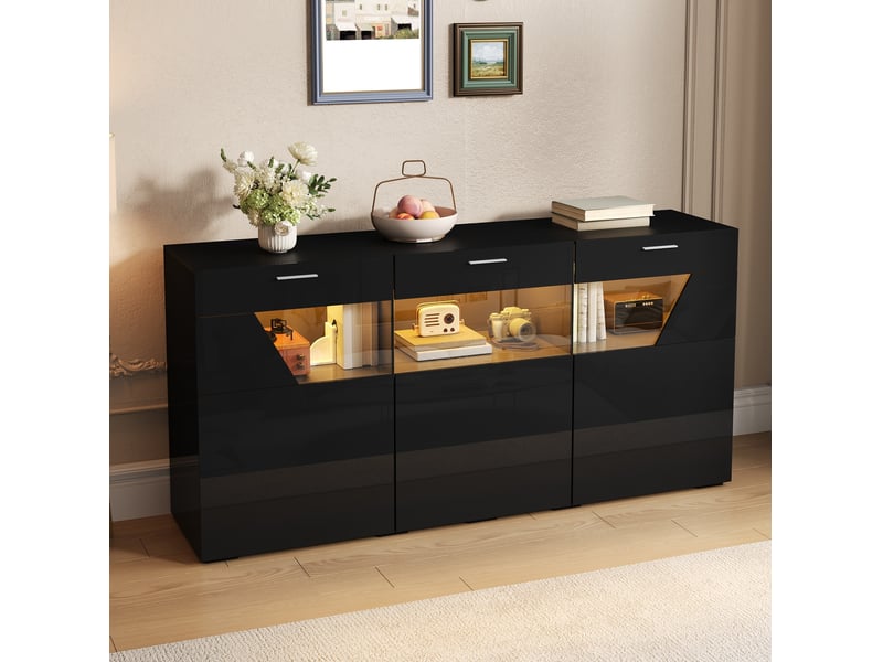  Buffet 160x38x78 cm avec led contrôlable par application, panneaux de particules noir  - Conforama B