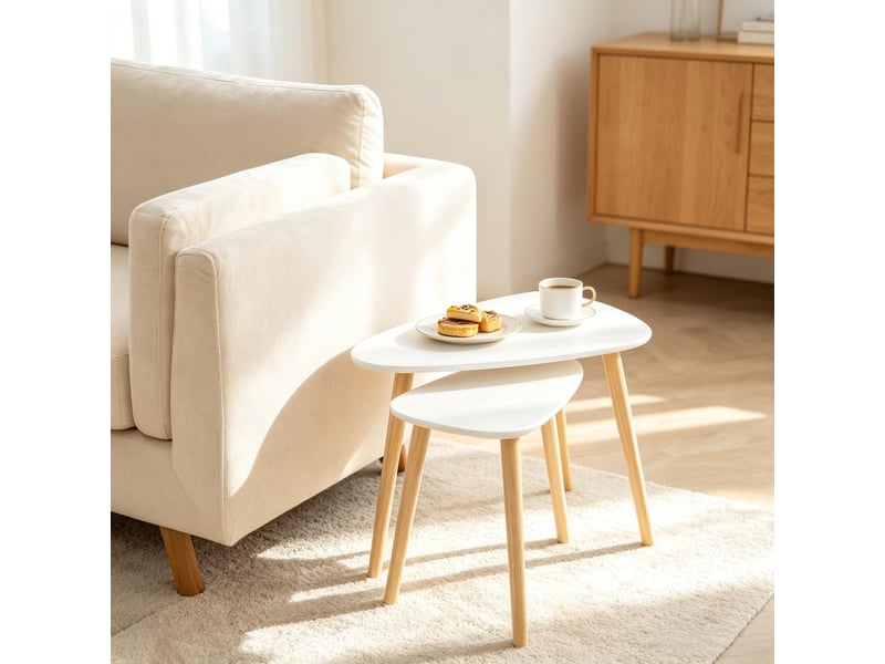  Tables basses gigognes avec 2 plateaux triangulaires modulables, style scandinave, en mdf et pin, blanc et naturel  - Conforama B