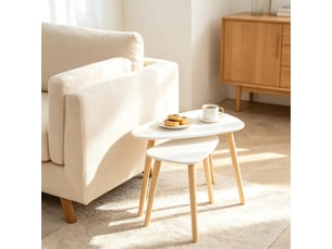 Tables basses gigognes avec 2 plateaux triangulaires modulables, style scandinave, en mdf et pin, blanc et naturel