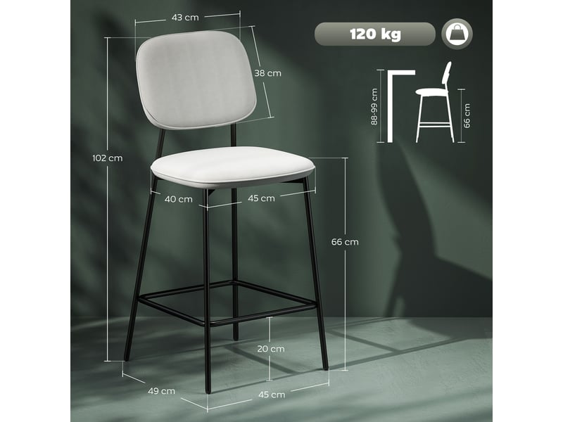  Lot de 2 tabourets de bar avec dossier rembourré en velours et structure en acier, 45 x 49 x 102 cm, gris clair  - Conforama E