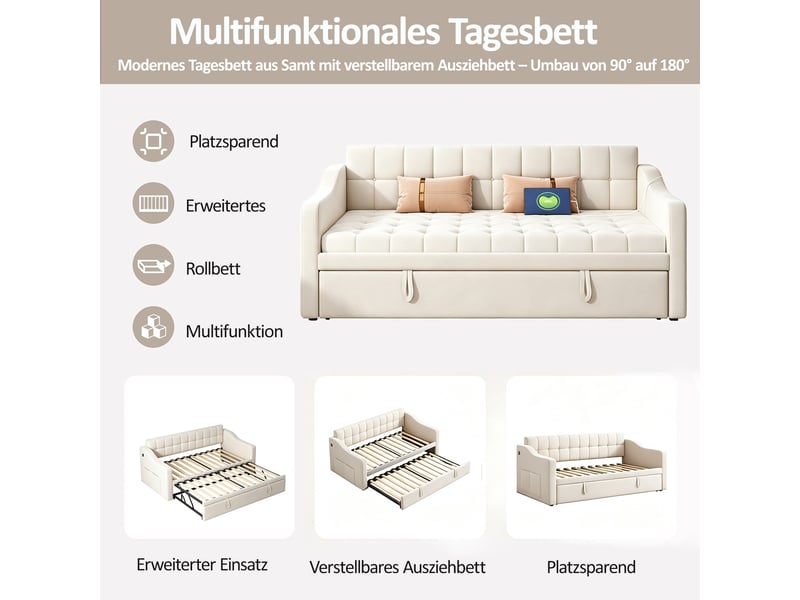  Lit gigogne 2 places 90×190 cm extensible 180×190 cm avec usb - okmyhome- velours beige, sans matelas  - Conforama E