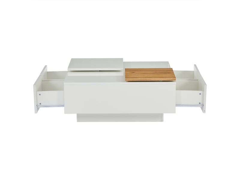  Table basse carrée moderne en bois blanc brillant avec surface de rangement (75 x 75 x 33,5 cm), petit plateau coulissant, capacité de charge maximale 30 kg.  - Conforama D