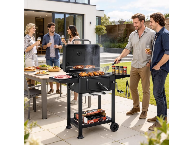  Barbecue à charbon avec couvercle et thermomètre, fumoir à cheminée réglable, chariot mobile  - Conforama C