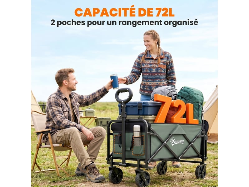  Chariot de transport pliable à roulettes 76 x 48 x 92 cm capacité 72 l poches pratiques contemporain en polyester vert 21_0005570  - Conforama C