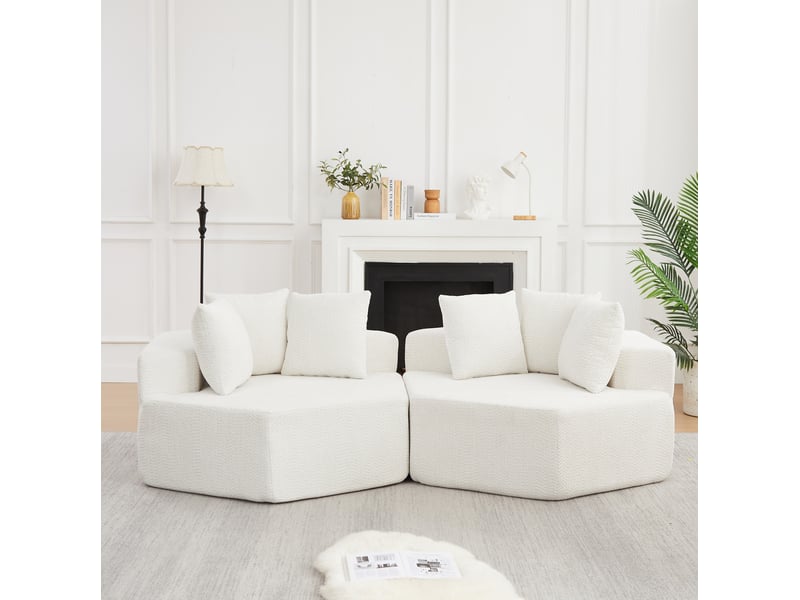Fauteuil modulaire hexagonal avec 3 coussins et assise moelleuse, style moderne en chenille beige 122 × 138 × 76 cm - Conforama C