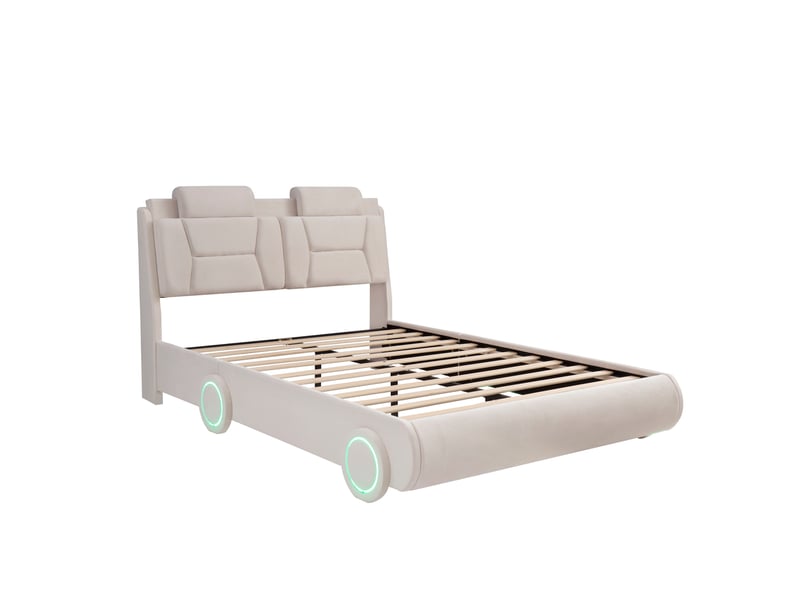 Lit enfant 140x200 cm en flanelle beige avec tête de lit réglable, style de la voiture, sans matelas - Conforama E